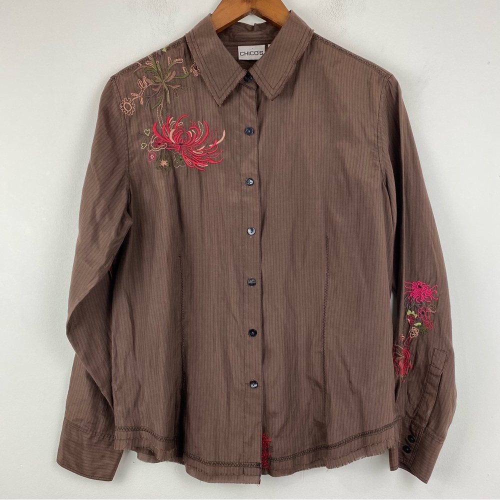 Chico’s size 1 Medium Women’s Brown Floral Embroidered Silk/Cotton Blend Shirt